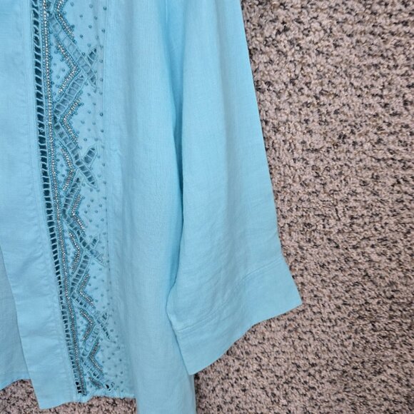 Chicos Cardigan Womens 2 US Large Blue Linen Open Front‎ Beaded Casual Ladies - Picture 3 of 7